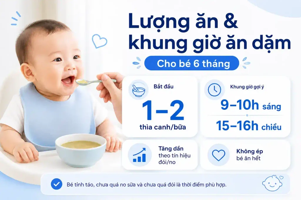 Lượng ăn và khung giờ ăn dặm cho bé 6 tháng tuổi